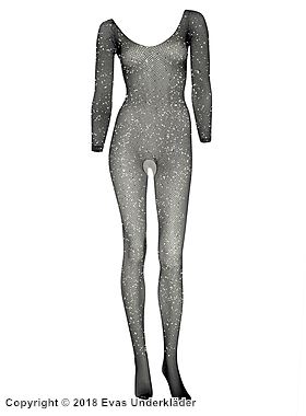 Elegantes Bodystocking, kleines Netz, schimmernd tupfen, offener Schritt, lange Ärmel